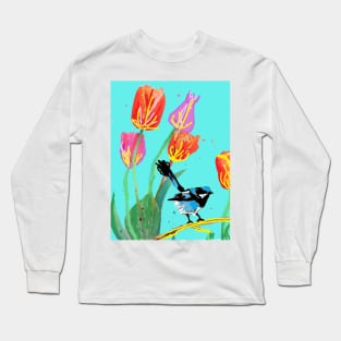Abstract Blue Wren Watercolor Painting Long Sleeve T-Shirt